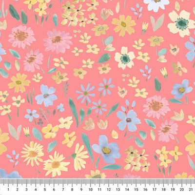 Hand-printed wild summer flowers printed on a coral quilting fabric with a cm ruler