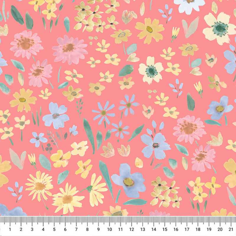 Hand-printed wild summer flowers printed on a coral quilting fabric with a cm ruler