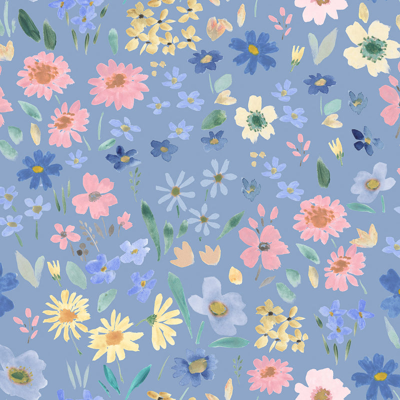 Hand-printed wild summer flowers printed on a cornflower blue quilting fabric