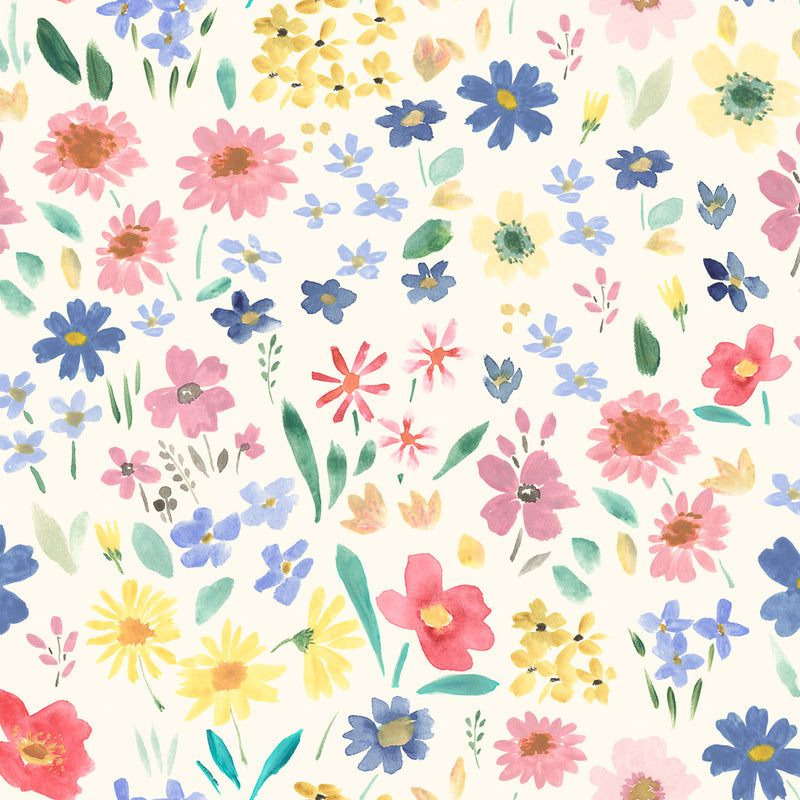 Hand-printed wild summer flowers printed on an off-white quilting fabric