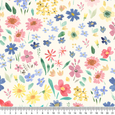 Hand-printed wild summer flowers printed on an off-white quilting fabric with a cm ruler