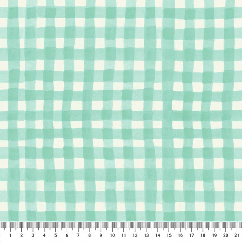 A mint gingham fabric with a cm ruler