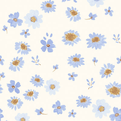 Hand-printed cornflower blue flowers on a quilting fabric