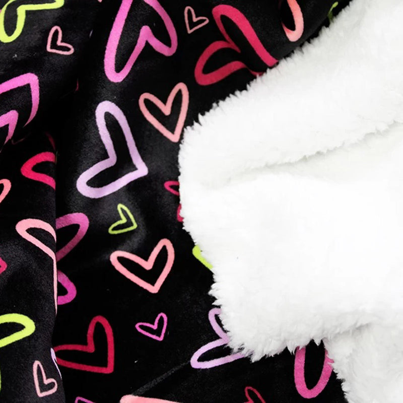 Black fleece with colourful hearts back with a white sherpa fleece