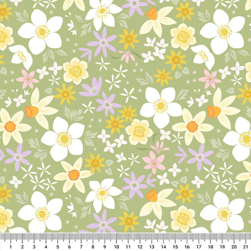 Daffodil flowers in white yellow and purple on a gorgeous spring green to create a colourful sense of spring with a cm ruler.