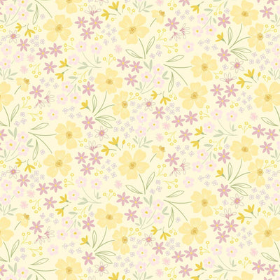 Mini multi flowers in pastel yellow and purple with delicate leaves on a gentle yellow cotton fabric.