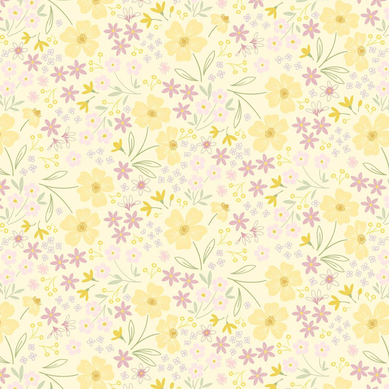 Mini multi flowers in pastel yellow and purple with delicate leaves on a gentle yellow cotton fabric.