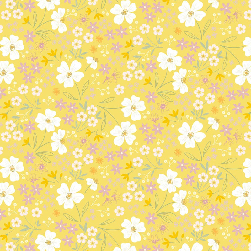 Mini multi flowers in pastel yellow and purple with delicate leaves on a vibrant spring yellow cotton fabric.