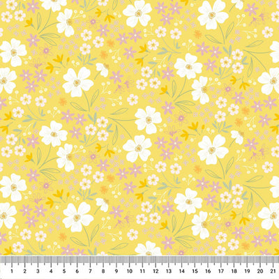 Mini multi flowers in pastel yellow and purple with delicate leaves on a vibrant spring yellow cotton fabric with a cm ruler