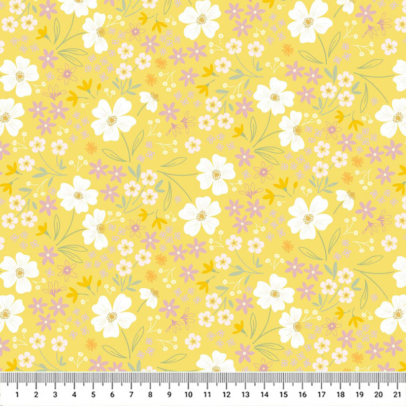 Mini multi flowers in pastel yellow and purple with delicate leaves on a vibrant spring yellow cotton fabric with a cm ruler