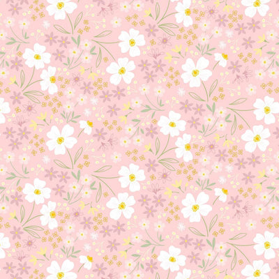 Mini multi flowers in pastel yellow and purple with delicate leaves on a candy pink cotton fabric.