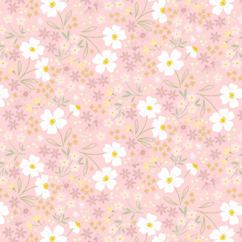 Mini multi flowers in pastel yellow and purple with delicate leaves on a candy pink cotton fabric.