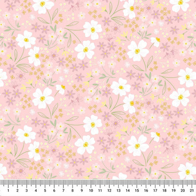 Mini multi flowers in pastel yellow and purple with delicate leaves on a candy pink cotton fabric with a cm ruler