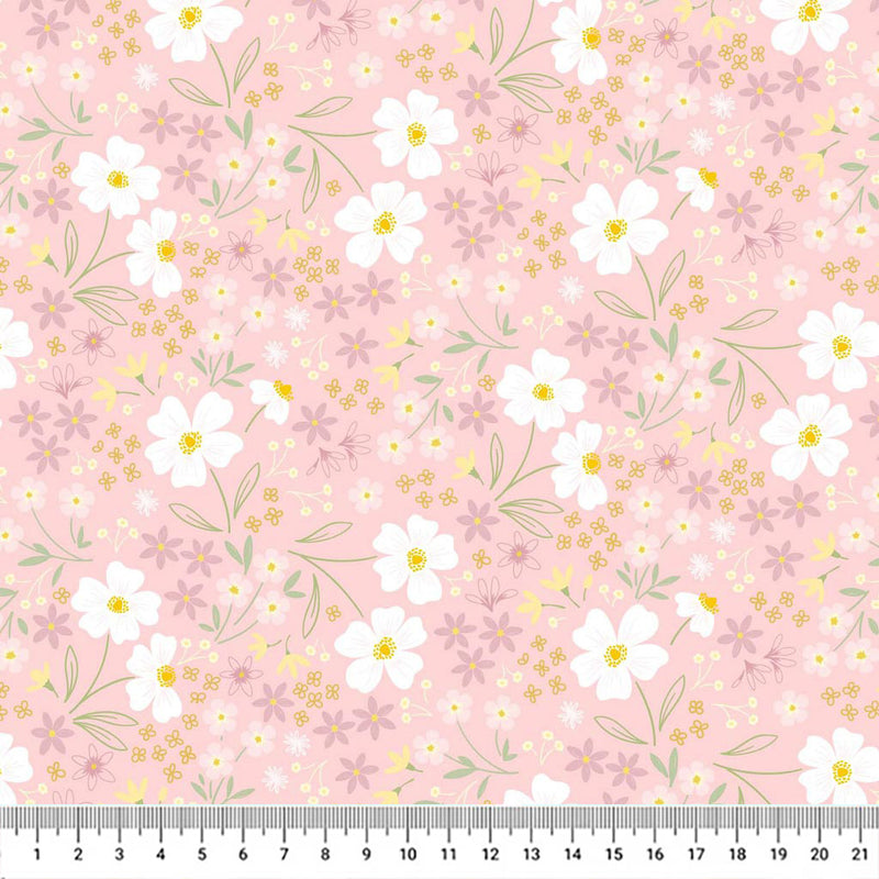 Mini multi flowers in pastel yellow and purple with delicate leaves on a candy pink cotton fabric with a cm ruler