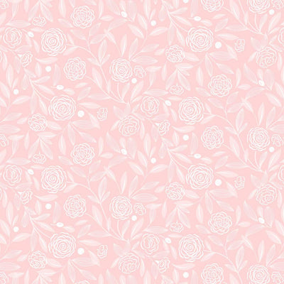 A design of delicate white leaves and roses on a beautiful light pink shade of spring.