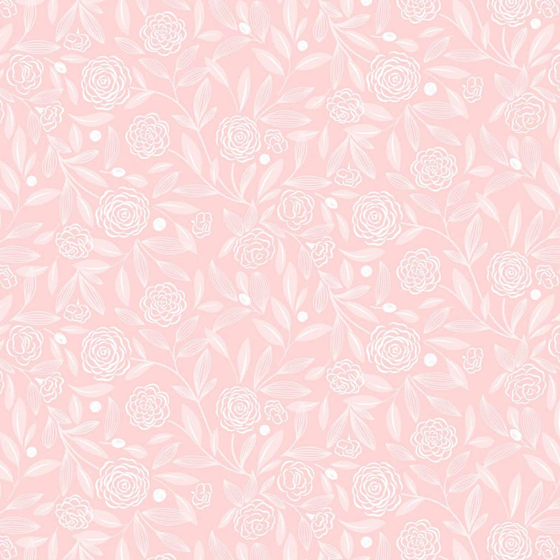 A design of delicate white leaves and roses on a beautiful light pink shade of spring.