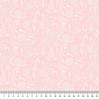 A design of delicate white leaves and roses on a beautiful light pink shade of spring with a cm ruler