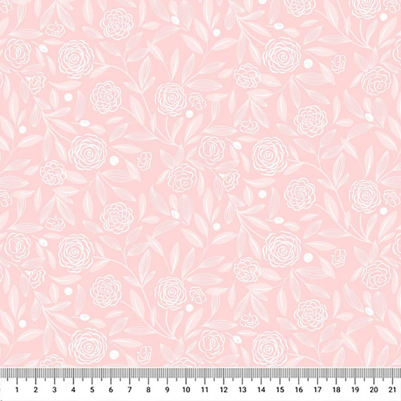 A design of delicate white leaves and roses on a beautiful light pink shade of spring with a cm ruler