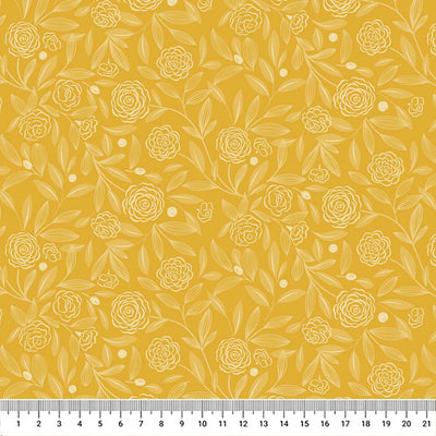 A design of delicate white leaves and roses on a beautifully sunshine orange shade of spring with a cm ruler