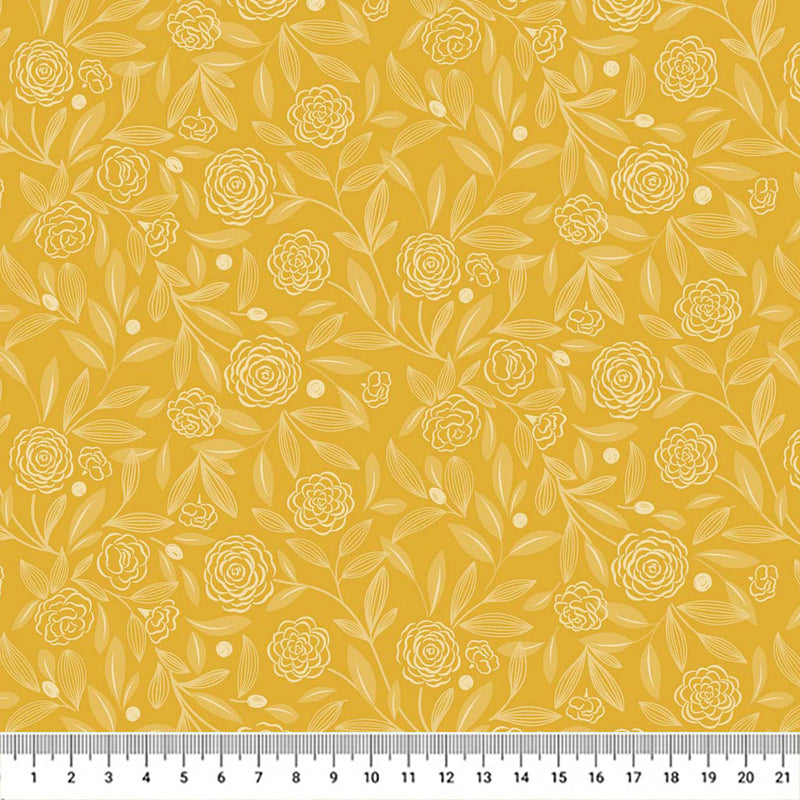 A design of delicate white leaves and roses on a beautifully sunshine orange shade of spring with a cm ruler