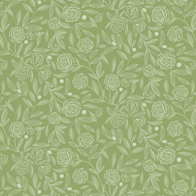 A design of delicate white leaves and roses on a beautifully deep green shade of spring.