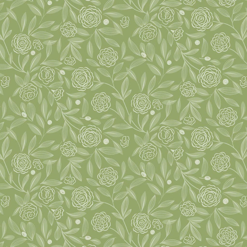 A design of delicate white leaves and roses on a beautifully deep green shade of spring.