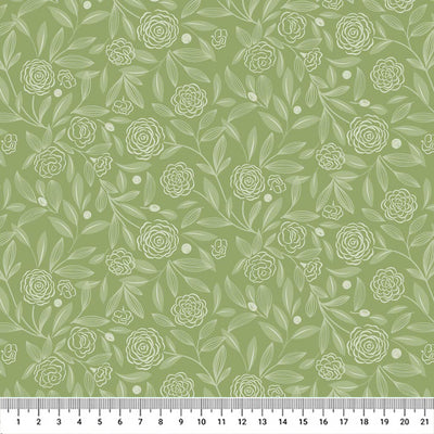 A design of delicate white leaves and roses on a beautifully deep green shade of spring with a cm ruler