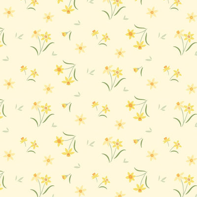 Sunshine yellow daffodils on a pretty pale yellow background printed on cotton fabric