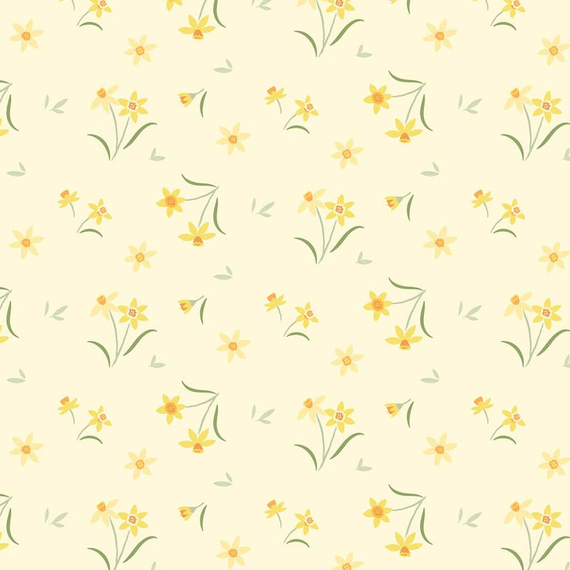 Sunshine yellow daffodils on a pretty pale yellow background printed on cotton fabric