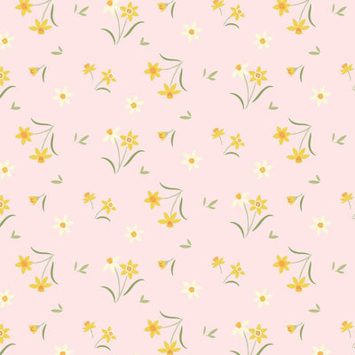 Sunshine yellow daffodils on a pretty pastel pink background printed on cotton fabric