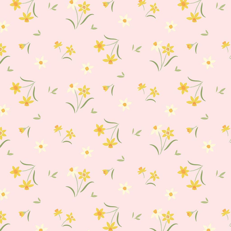 Sunshine yellow daffodils on a pretty pastel pink background printed on cotton fabric