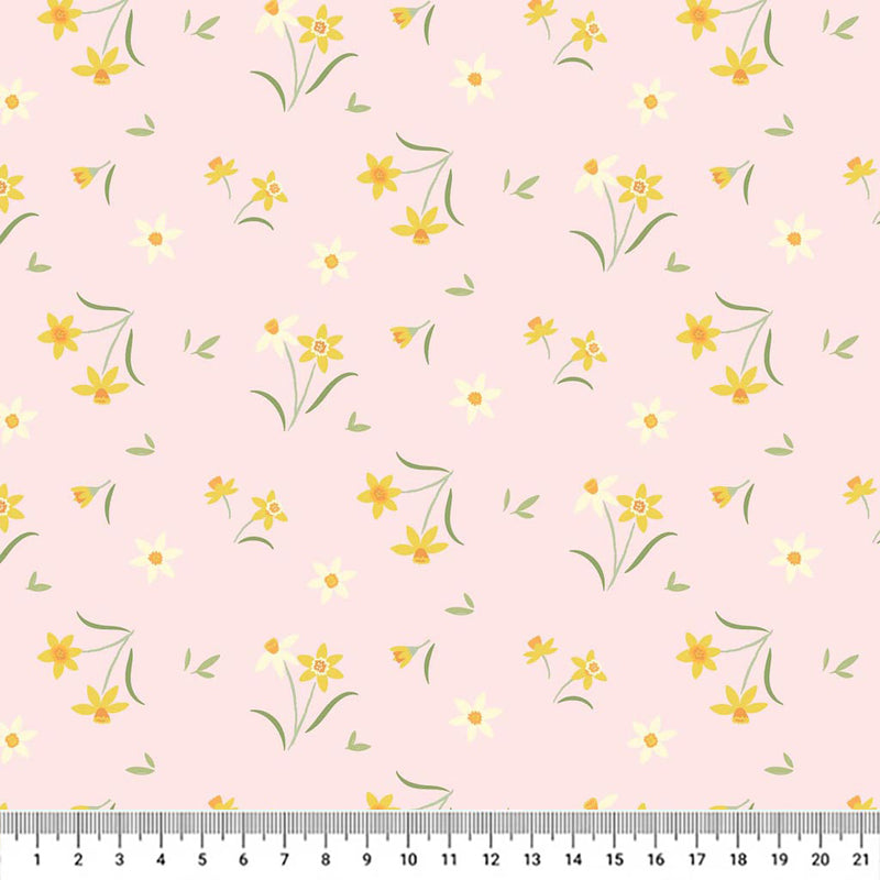 Sunshine yellow daffodils on a pretty pastel pink background printed on cotton fabric with a cm ruler