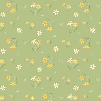 Sunshine yellow daffodils on a pretty mossy green background printed on cotton fabric