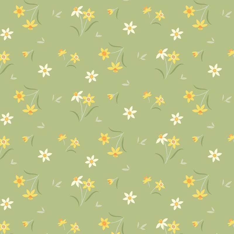 Sunshine yellow daffodils on a pretty mossy green background printed on cotton fabric