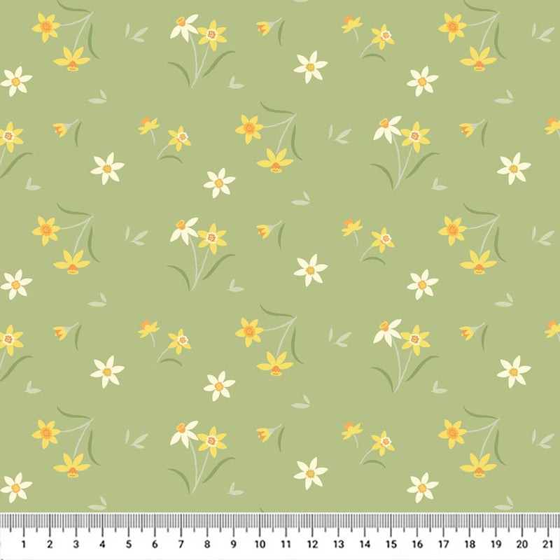 Sunshine yellow daffodils on a pretty mossy green background printed on cotton fabric with a cm ruler