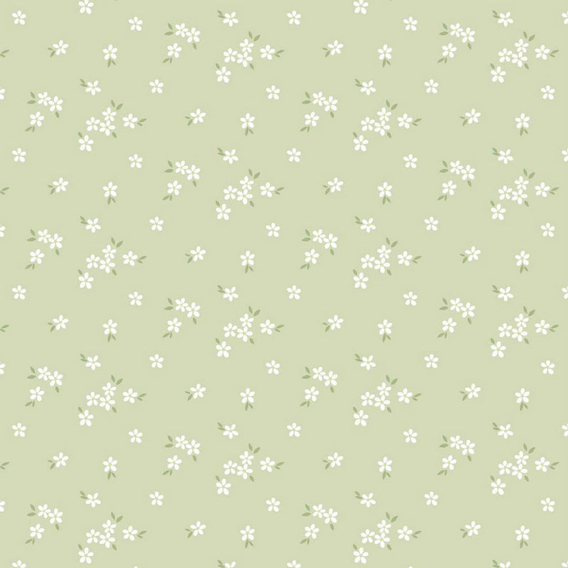 A delicate print of white daisies bunched on a gorgeous light sage cotton fabric.