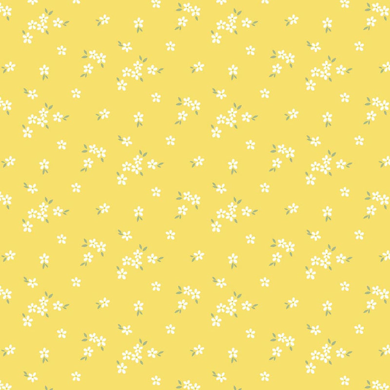 A delicate print of white daisies bunched on a gorgeous, bright yellow cotton fabric.