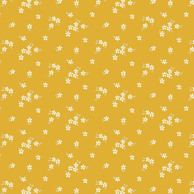 A delicate print of white daisies bunched on a gorgeous, deep orange cotton fabric.