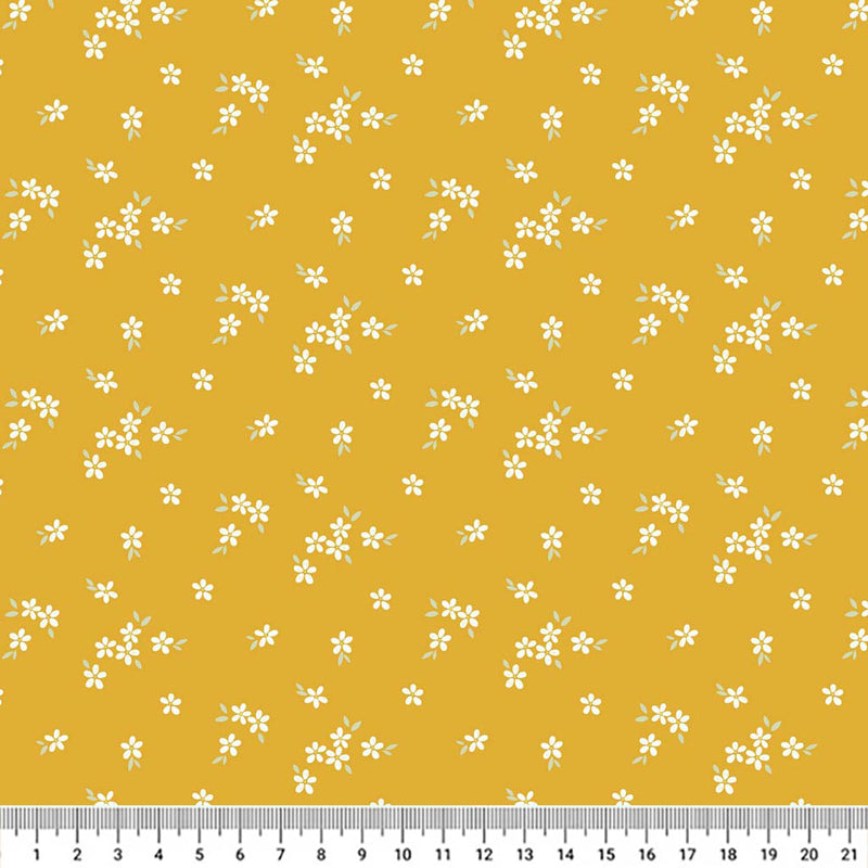 A delicate print of white daisies bunched on a gorgeous, deep orange cotton fabric with a cm ruler