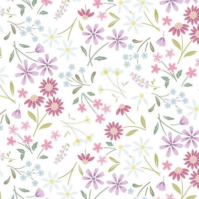 Pressed flowers printed on a white cotton quilting fabric by Lewis & Irene