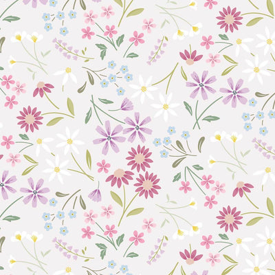 Pressed flowers printed on a silver cotton quilting fabric by Lewis & Irene