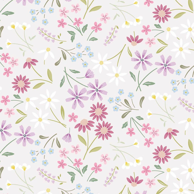 Pressed flowers printed on a silver cotton quilting fabric by Lewis & Irene