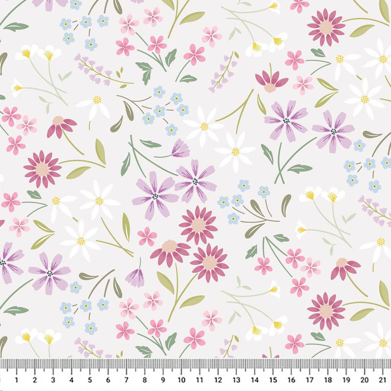 Pressed flowers printed on a silver cotton quilting fabric by Lewis & Irene with a cm ruler