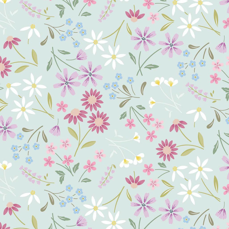 Pressed flowers printed on a light teal cotton quilting fabric by Lewis & Irene