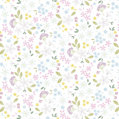 Pressed flowers printed on a white cotton quilting fabric by Lewis & Irene