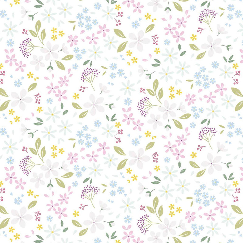 Pressed flowers printed on a white cotton quilting fabric by Lewis & Irene