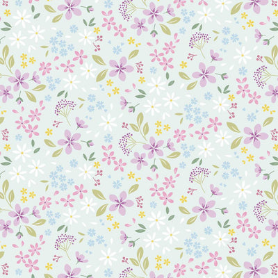 Pressed flowers printed on a light teal cotton quilting fabric