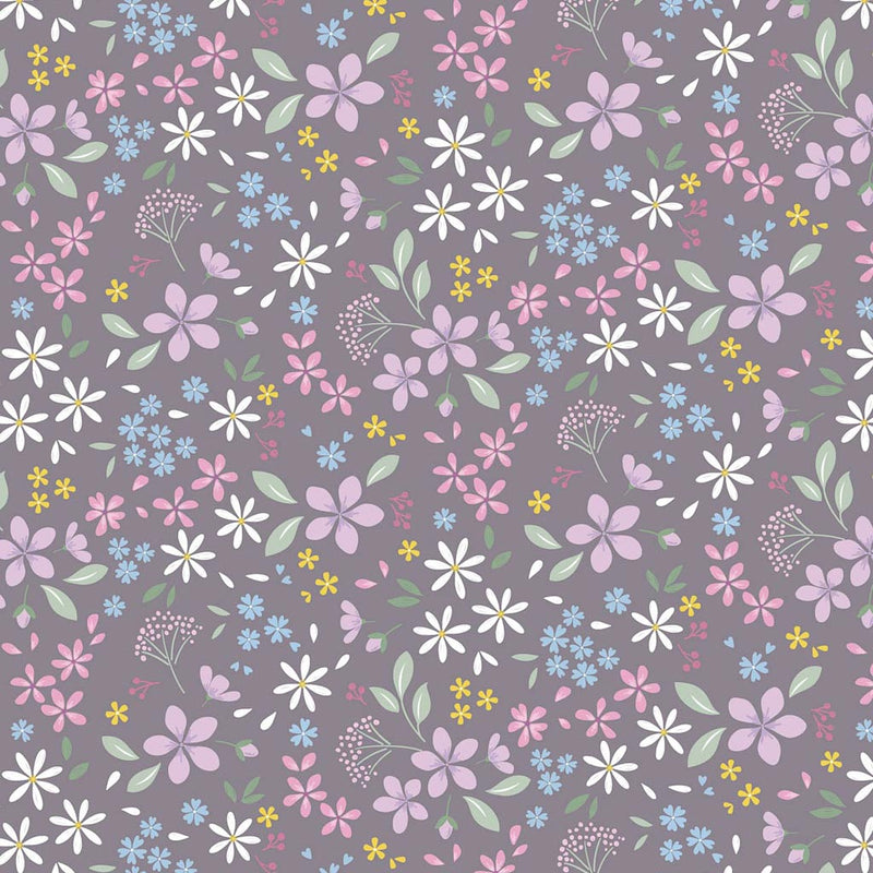 Pressed flowers printed on a grey cotton quilting fabric