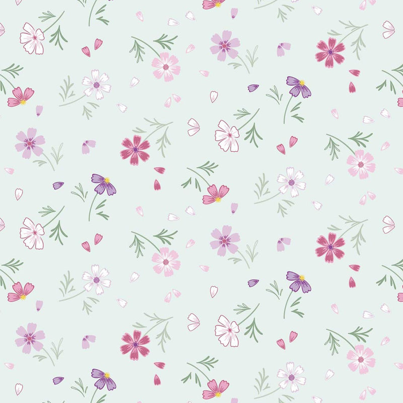 Flowers printed on a pale teal cotton quilting fabric by Lewis & Irene