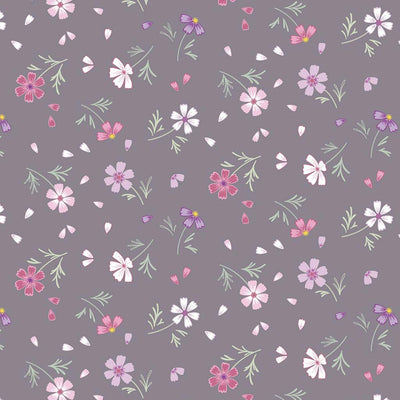 Flowers printed on a grey cotton quilting fabric by Lewis & Irene